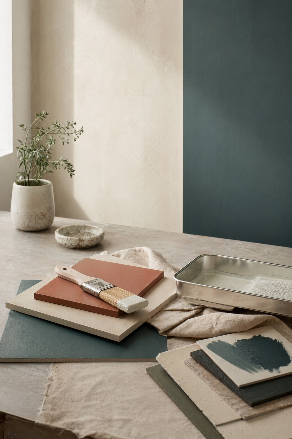 Paint samples, brush, tray, and finished wall textures for architectural coatings planning